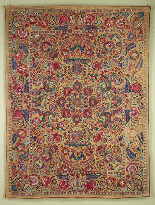 London textiles dealer Francesca Galloway will show this embroidered cotton coverlet or floor spread, India, Deccan or South India, first half of 18th century at her forthcoming exhibition of Islamic Courtly Textiles. Image courtesy Francesca Galloway.